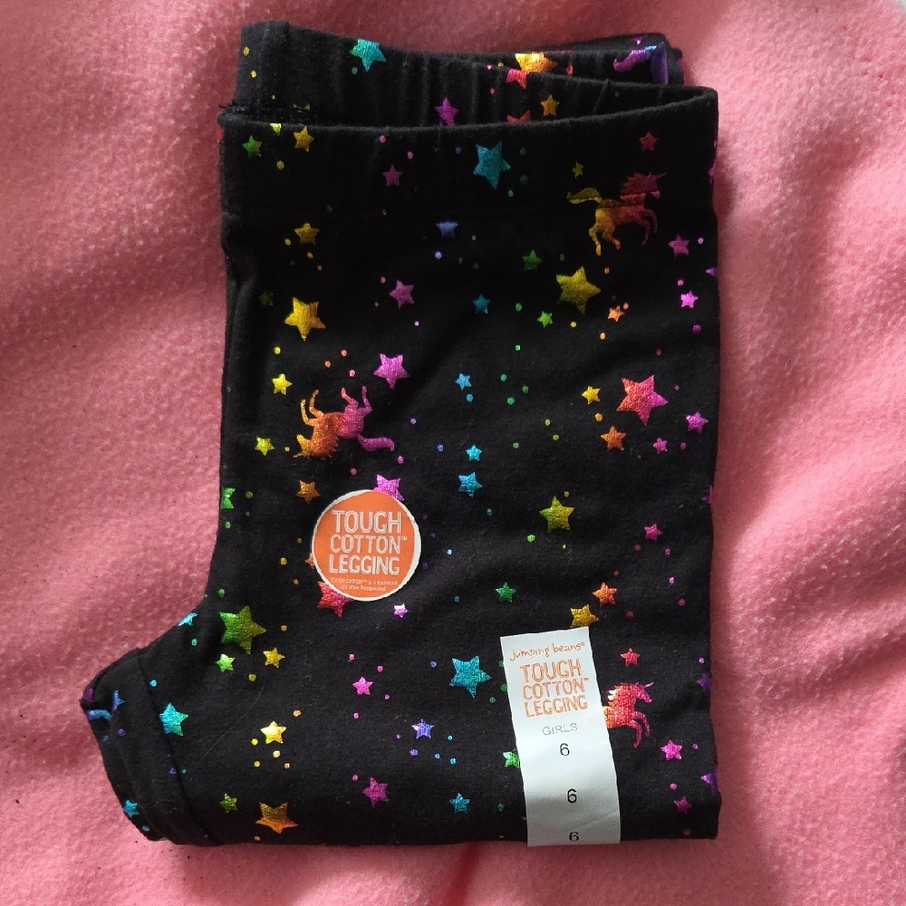 Jumping Beans Black Leggings with Colorful Stars and Unicorns